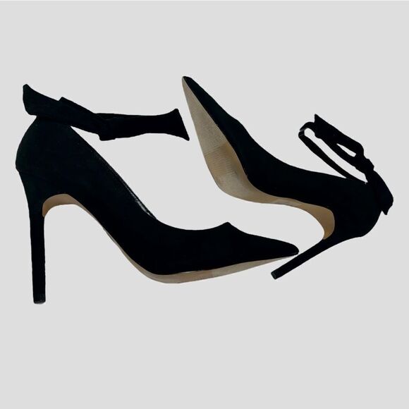 Express Black Fabric Faux Suede High Heels Ankle Strap Pointed Toe Stilettos - Picture 5 of 7